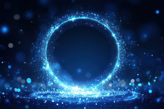 Glowing blue circle with sparkling particles on dark gradient background. It is great for technology, science, or magical themed compositions.