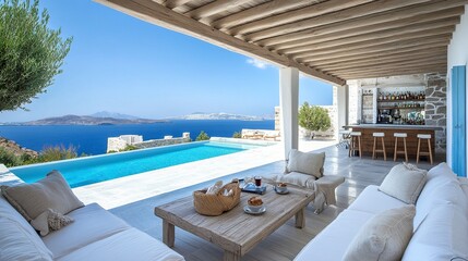 Fototapeta premium Luxurious open living room with stylish outdoor sofas, cozy coffee setup on the table, polished interior bar nearby, infinity pool cascading into the morning sea, bright yet serene lighting 