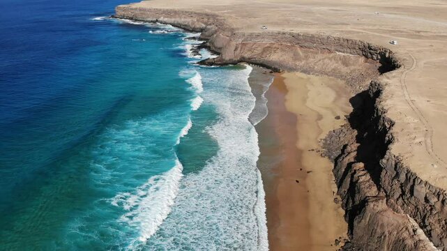 Playa de la Escalera beach, drone point of view in Fuerteventura island of Canary Islands, Spain.