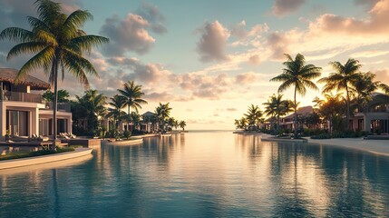 Naklejka premium Luxury beach resort on a Caribbean coast, lined with tropical palms, calm waters glowing under the warm hues of sunrise