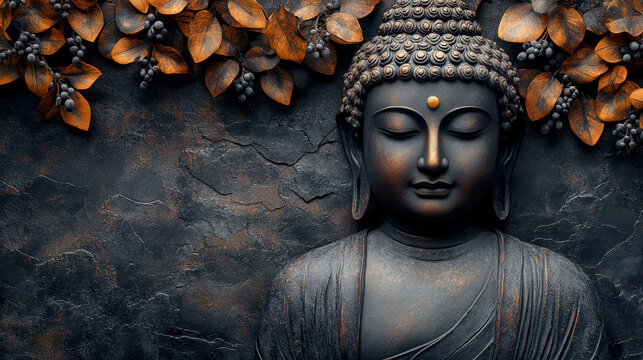 Tranquil buddha sculpture with autumn leaves for spiritual meditation and zen decor