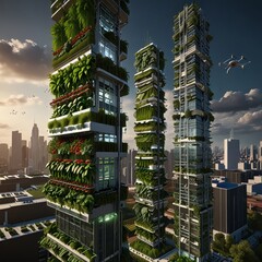 Obraz premium A vertical farming skyscraper in an eco-friendly city, with drones overseeing the crops.