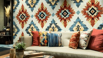 Cozy living room interior featuring a couch and coffee table against a backdrop of ethnic patterned wallpaper