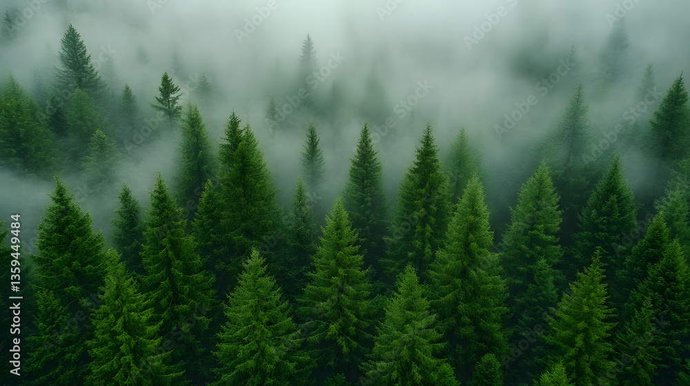 Poster forest canopy in mist: a captivating aerial view showcases a dense forest canopy veiled in ethereal 