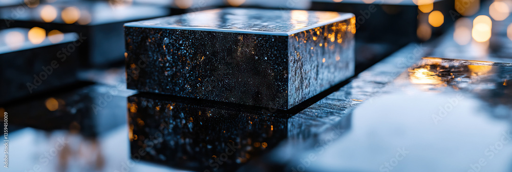 Poster reflective surface with textured dark cube and out-of-focus lights