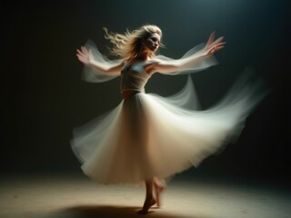 Naklejka premium Movimiento borroso de una bailarina, que captura un movimiento fluido con rayas de luz y un efecto distorsionado y etéreo