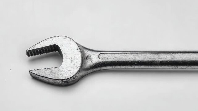A close-up of a worn adjustable wrench with a textured metal surface, set against a clean white background.