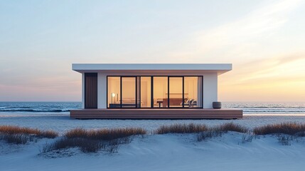 Minimalist modern house on the beach with clean lines, a sandy foreground, and distant waves, soft natural light 