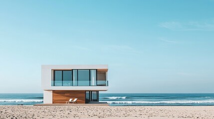 Fototapeta premium Minimalist modern house on the beach with clean lines, a sandy foreground, and distant waves, soft natural light 