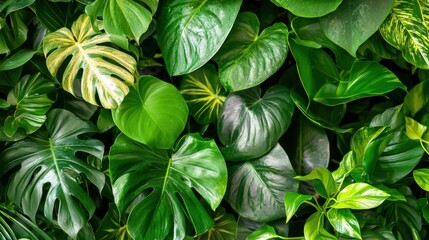 Green leaves of tropical plants bush (Monstera, palm, rubber plant, pine, bird’s nest fern) floral arrangement indoors garden nature backdrop isolated on white background thailand, clipping path.