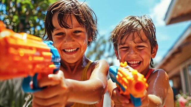 Two children in a wet pool playing with water guns in summer