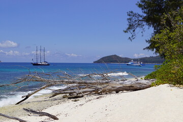 Sailing around tropical paradise islands in the Saint Anne Marine National Park, Seychelles, Africa