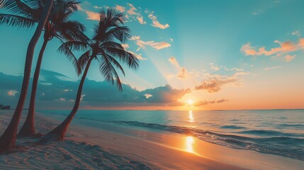 Amazing vivid sunset over the ocean with palm trees on a tropical beach.