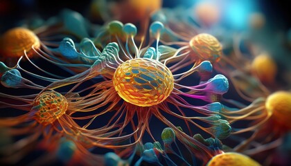 Obraz premium Vibrant representation of complex cellular structures illuminates research in science and medicine.