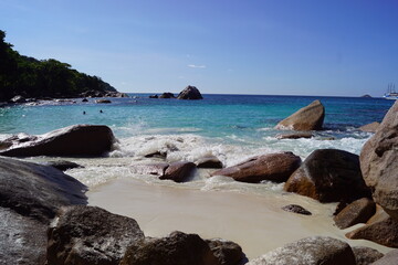 Praslin Island and the paradise white sandy beaches surrounded by palm trees in the Indian Ocean,...