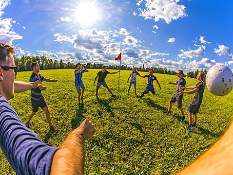 Energetic group of friends engaged in a fun game of capture the flag outdoors with laughter and excitement in the air