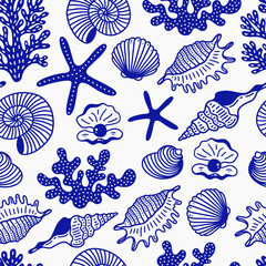 Seamless pattern with seashells, starfishes and corals. Perfect for wrapping paper, textile, wallpaper. 