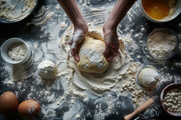 Kneading dough in soft light with bowls of ingredients on a flour-dusted surface