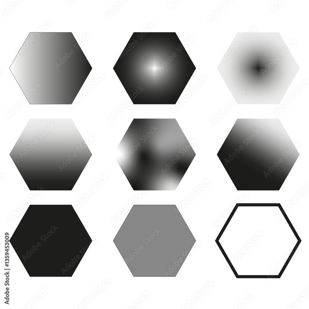 Poster hexagon gradient icons. abstract geometric shapes. black and grey tones. vector hexagonal set.