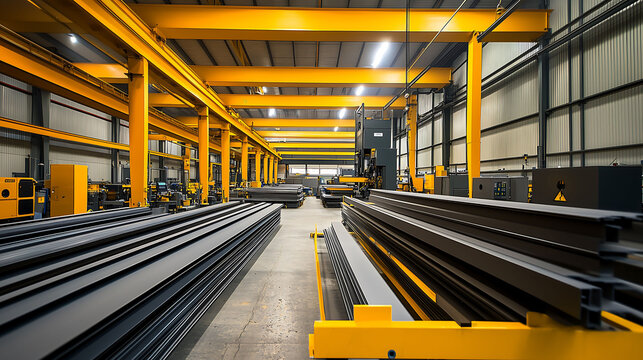 Door sheet metal in manufacturing plant, Metal sheet forming machine conveyor belt in factory, Roof tile manufacturing, Industrial metalworking concept