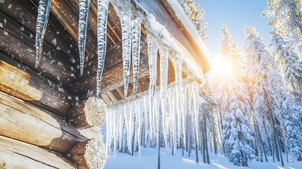 Snowy scene featuring a wooden cabin with icicles and a beautiful winter landscape creating a cozy atmosphere