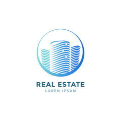 Blue real estate symbol. Rise building sign. Corporate modern city illustration