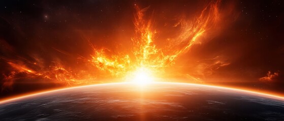 Fototapeta premium Stunning Celestial View of a Fiery Sunrise Over the Horizon of a Planet in Outer Space