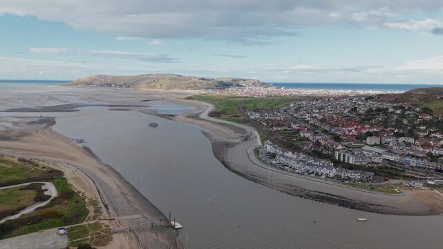 Aerial Drone North Wales Coastline Deganwy Beach and Promenade River Conwy 4K