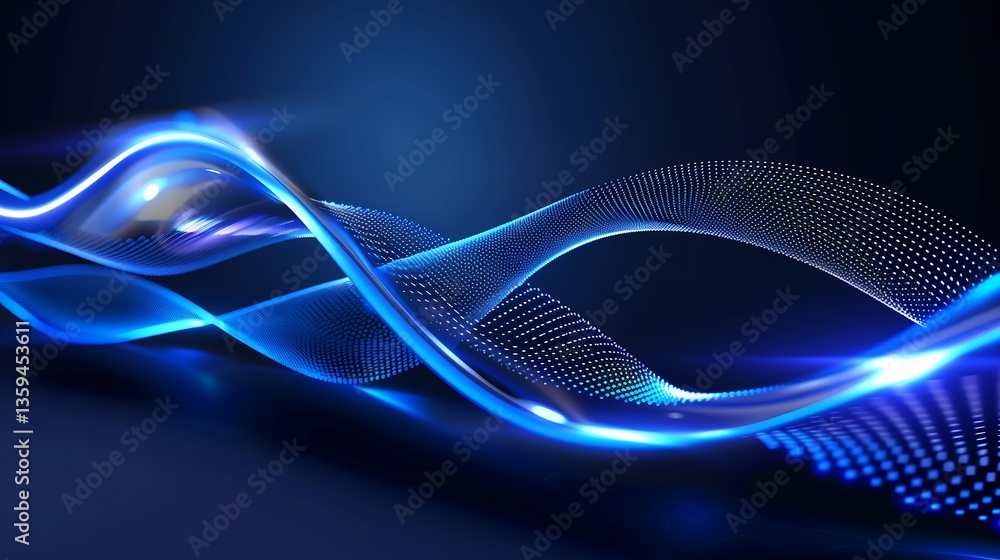 Poster futuristic digital tech background with glowing neon blue circuits and a dynamic wave of data stream