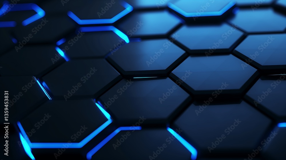 Poster high-tech digital background featuring luminous hexagonal patterns interconnected by electric blue l