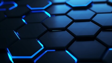 High-tech digital background featuring luminous hexagonal patterns interconnected by electric blue light, symbolizing advanced AI and blockchain networks.