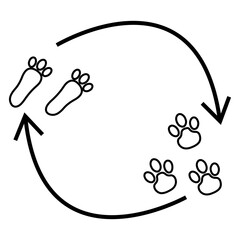 black icon of various rabbit's feet with lines showing the cyclical nature of a process or something else