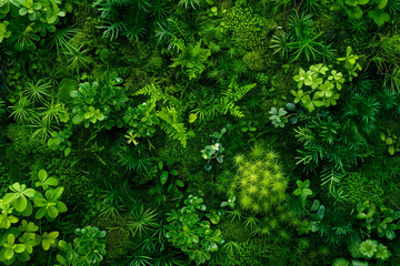Fototapeta premium Aerial view of diverse, vibrant greenery, featuring various types of plants and moss in rich shades of green.
