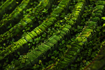 Fototapeta premium Close-up of moss growing over textured surfaces, creating a vibrant green pattern, with small plants and intricate details.