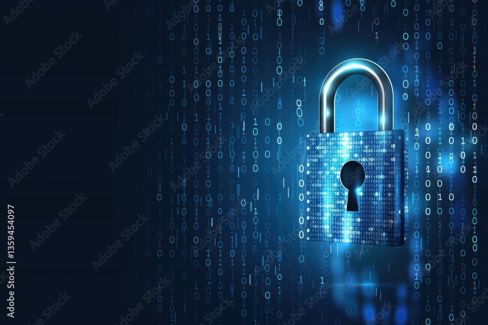 Fototapete digital padlock displaying glowing binary code against a dark blue cyber background