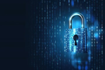Digital padlock displaying glowing binary code against a dark blue cyber background