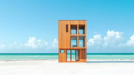 Modern coastal wooden tower house in Florida, surrounded by pristine sand and a turquoise ocean, minimalist new urbanism design glowing under bright sunlight 