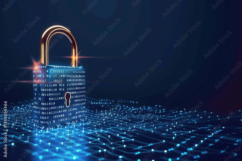 Poster digital padlock surrounded by glowing binary code in dark blue cyber environment showcasing advanced