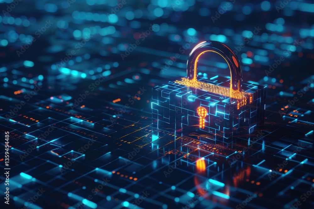 Poster digital padlock secured with glowing binary code against a dark blue cyber background in a futuristi