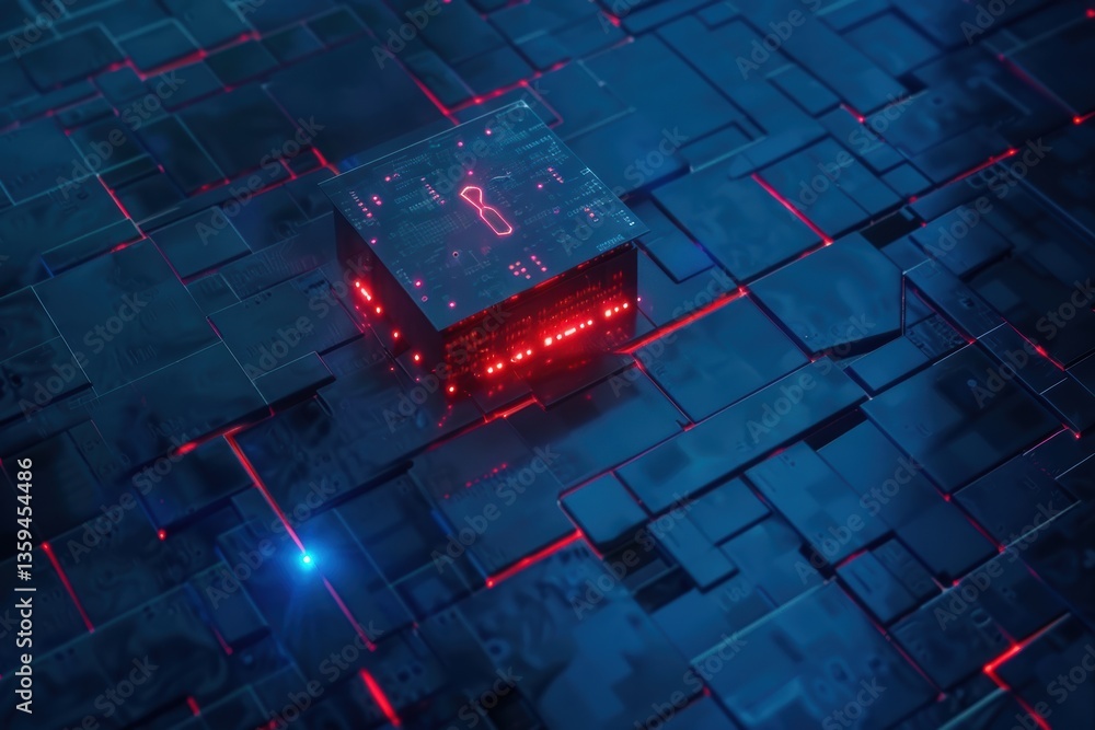 Poster digital padlock with glowing binary code illuminated against dark blue cybernetic backdrop