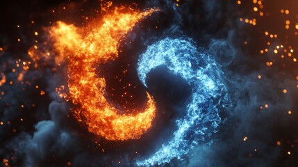 Fiery yin and yang symbol with ice and smoke effects &ndash; dynamic energy balance with sparks and flames in a dark abstract background
