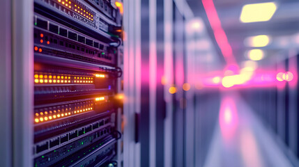 High-tech data center with server racks and glowing lights reflecting modern technology : Generative AI