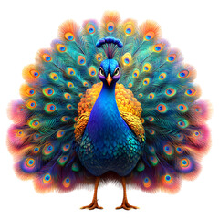 Fluffy 3D Cartoon Peacock with Vibrant Tail Isolated on Transparent Background