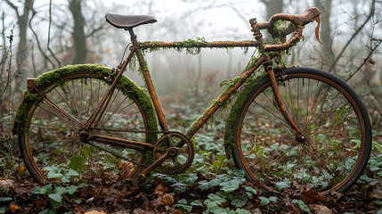 Fototapeta premium Forgotten Voyage: An abandoned vintage bicycle, embraced by nature's touch, stands silent in a mystical forest scene. A visual story of time, adventure.