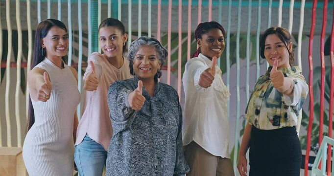 Indian happy active woman lady expert group show thumps up do hand sign look cam make pose at job work place Asian smiling young adult proud girl female staff good team staring camera indoor office