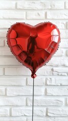 A red, heart-shaped pillow on a stick in front of a white brick wall