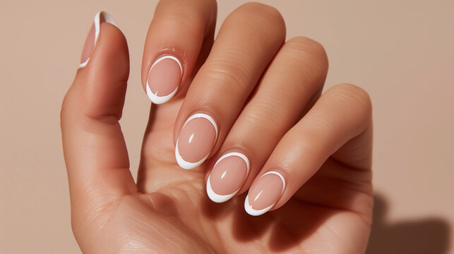 Close-up of short nails with a reverse French manicure design featuring a neutral base and white tips for a chic look.