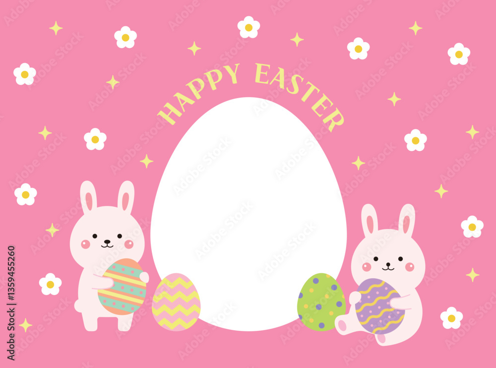Poster cute bunny and egg shaped frame for christian easter. eggs with various patterns painted on them are