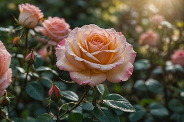 Blooming peach rose with dew drops in a rose garden during golden hour