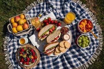 Colorful picnic spread with sandwiches, fruits, and refreshing drinks on a checkered blanket